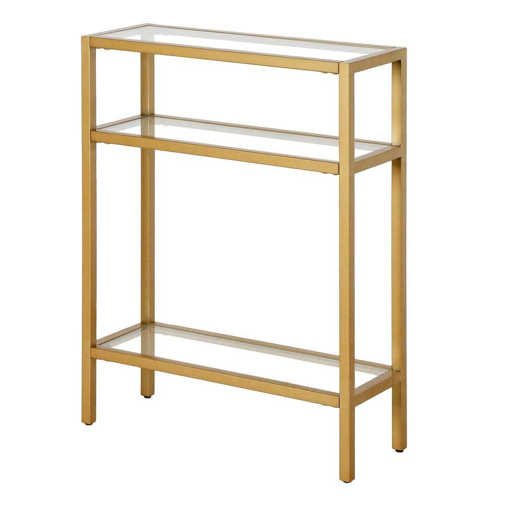 Compact Modern Industrial Brass & Glass Console Table with Storage