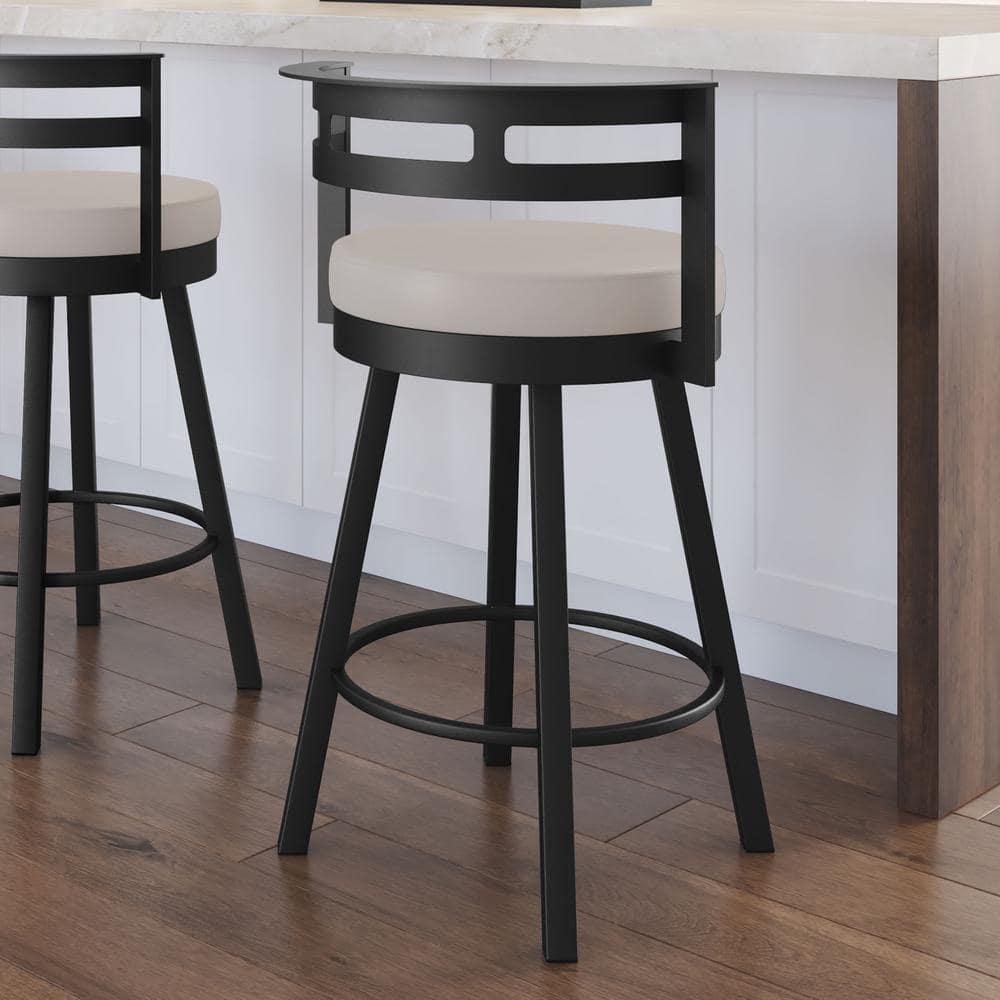 Amisco Render Upholstered Counter Height Barstool Cream/Black: Modern Metal Design, Integrated Armrests, Faux Leather