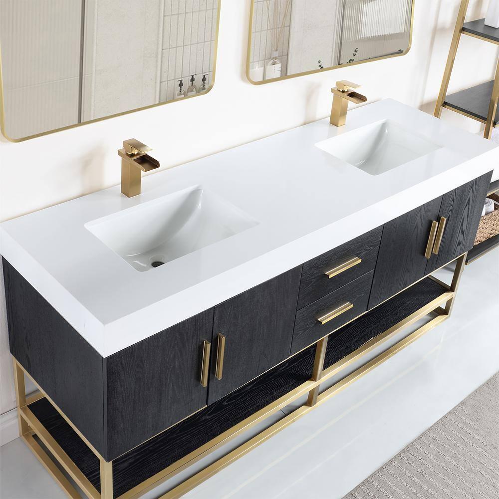 Altair Tocador de 4 Puertas de Madera y Piedra Compuesta de Diseño Bianco en Roble Negro/blanco
