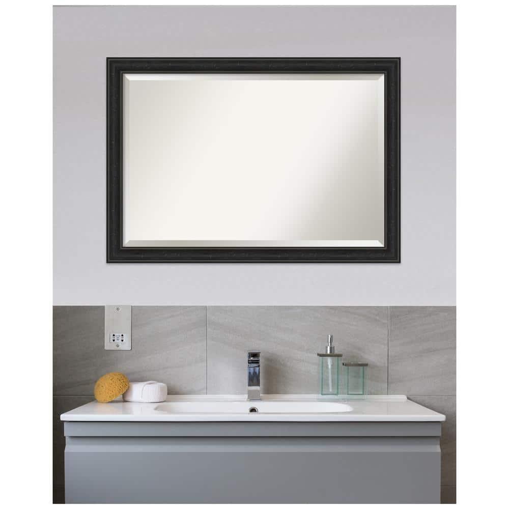Amanti Art Beveled Bathroom Wall Mirror - Shipwreck Black Narrow Frame Outer Size: 40 x 28 in