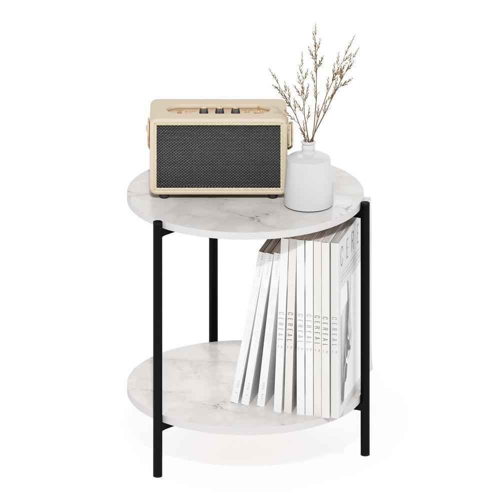 Furinno Besi 2-Tier Modern Round Side End Table with Sturdy Metal Legs, Marble White