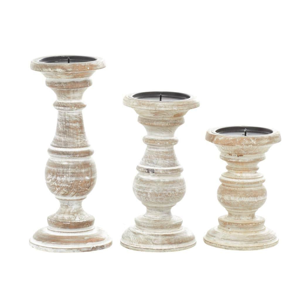 DecMode Traditional and Timeless Mango Wood Pillar Candle Holder Set of 3, 6", 8", 10"H, Cream Finish