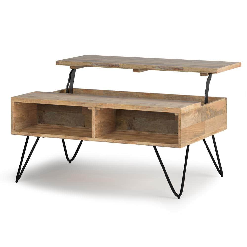 Hunter Solid Wood Industrial Small Lift Top Coffee Table with Hidden Storage and Metal Hairpin Legs.