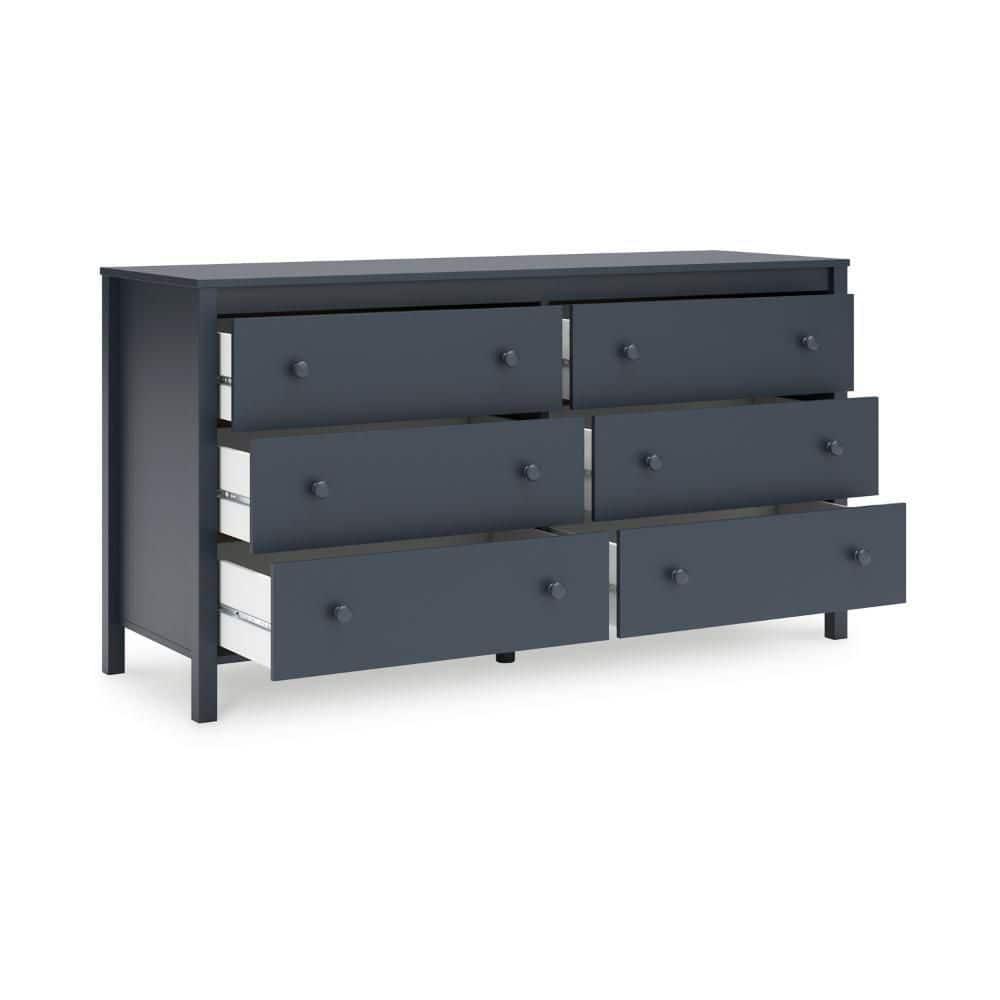 Benjara Cian Wide Dresser, 6 Drawers, Knob Handles, Navy Blue Wood, 61 Inch