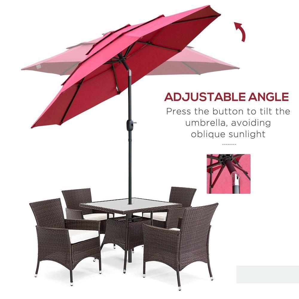 Outsunny 9' 3-Tier Patio Umbrella, Outdoor Market Umbrella with Crank and Push Button Tilt for Deck, Backyard and Lawn, Red