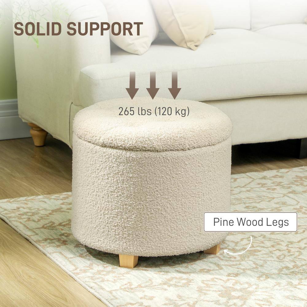 HOMCOM 18" Round Ottoman with Storage, Teddy Fleece Button Tufted Bedroom Stool with Removable Lid and Wood Legs for Living Room, Hallway, White