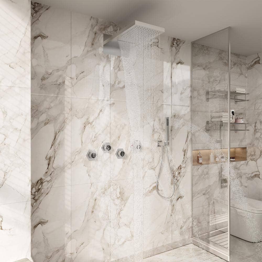 22" Wall-Mount LED Bluetooth Music Thermostatic Rainfall Complete Shower System with Rough in-Valve