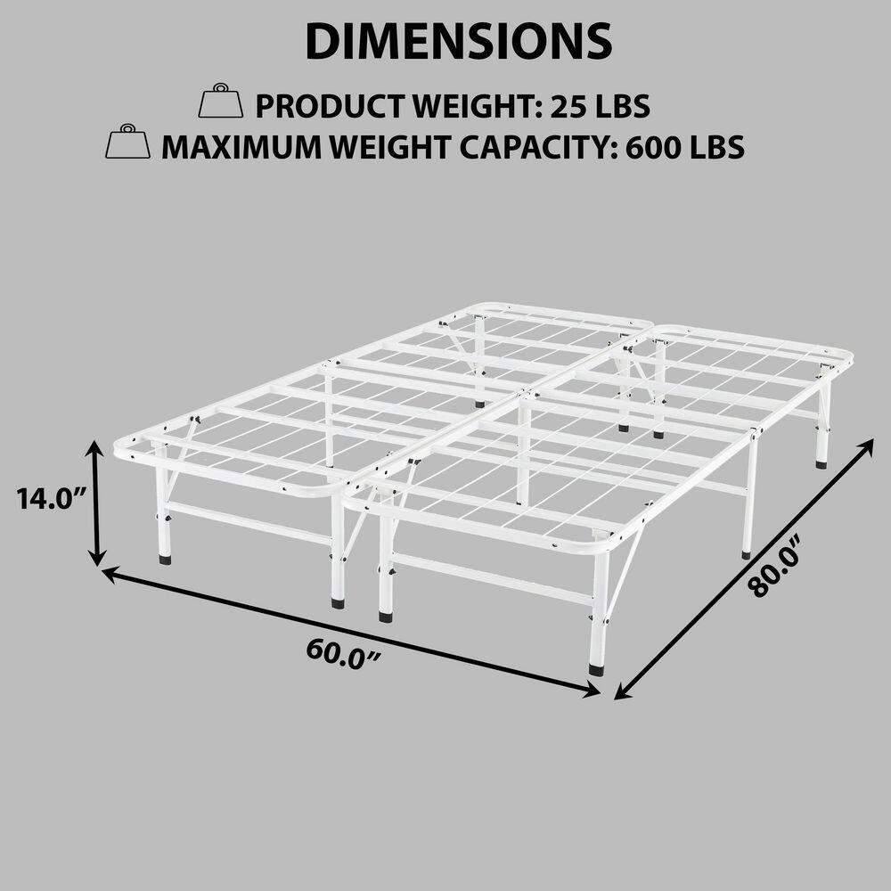 14" foldable Queen Bed Frame Heavy Duty Metal Bed Frame Folding Bed Frame with Steel Slats Box Spring Replacement 600lbs Capacity Platform Bed Queen Bed Frame Size-White