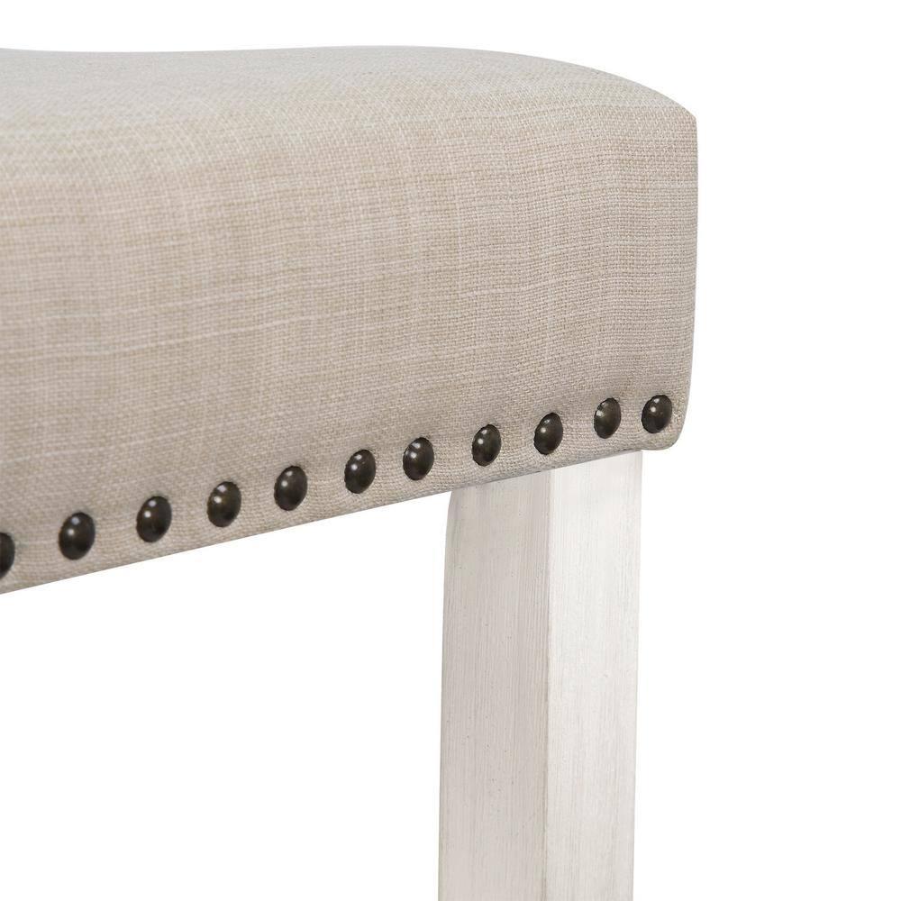 29" Upholstered Nail Head Counter Stool, Antique White/Beige