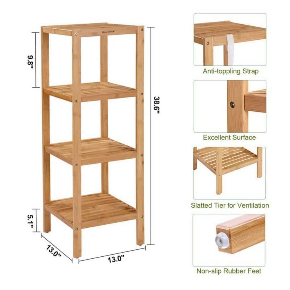 4-Tier Bamboo Bathroom Shelf, Narrow Shelving Unit, Multifunctional Storage Rack, Corner Rack, for Kitchen, Living Room, Bedroom, Entryway, Bathroom, Natural UBCB54Y