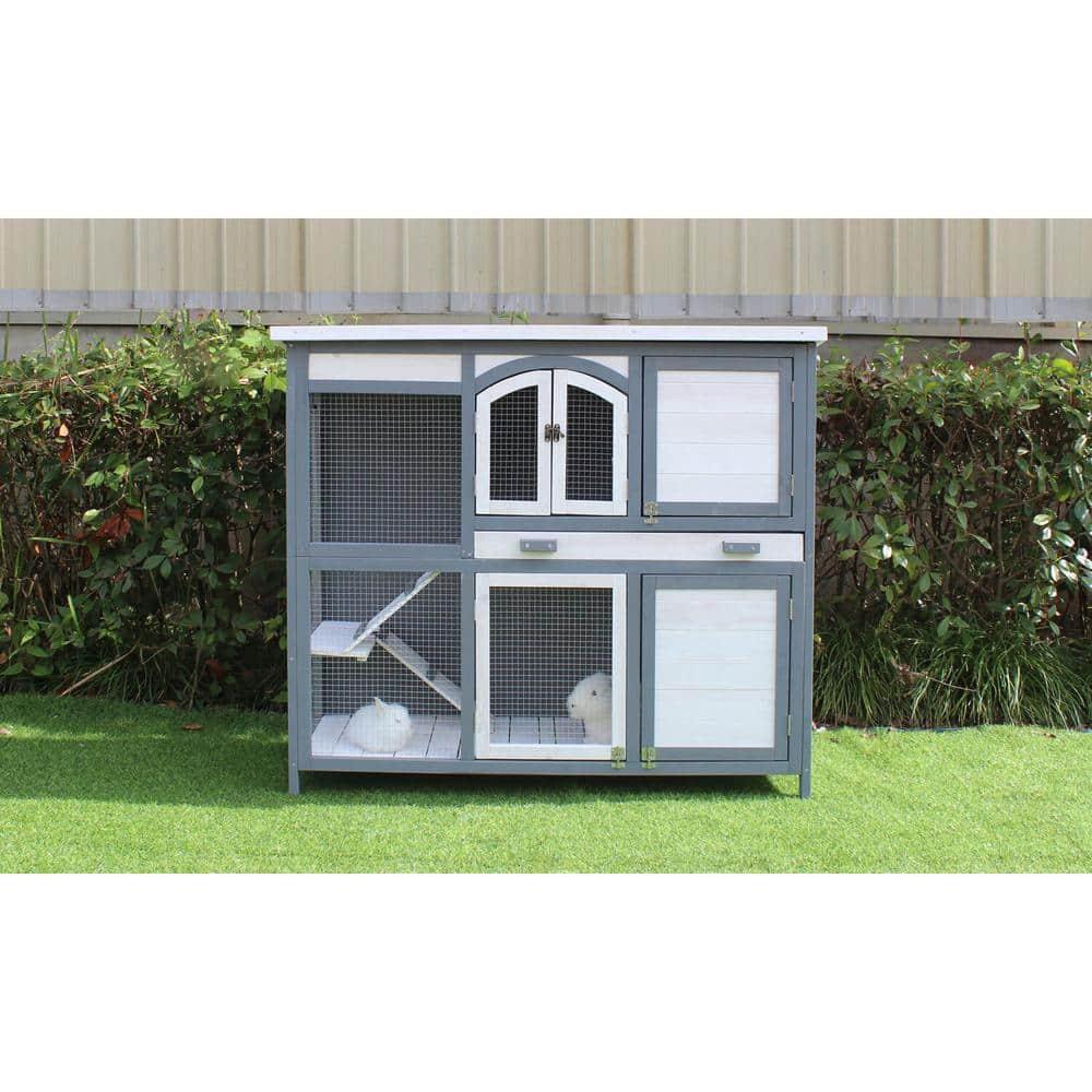 Hanover Outdoor Wooden 2-Story Rabbit Hutch with 2 Ramps, Wire Mesh Run and Removable Tray 4 Ft. W x 1.6 Ft. D x 3.4 Ft. H