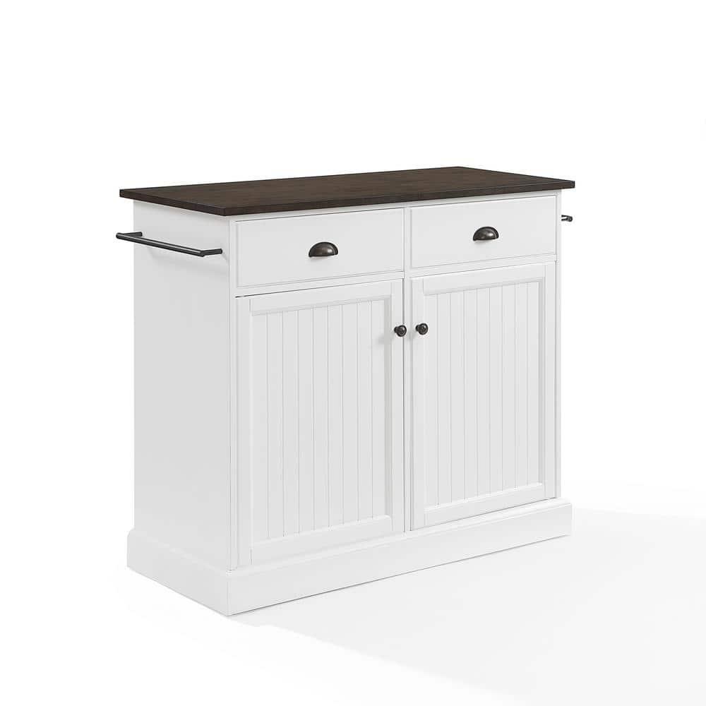 Crosley Shoreline Kitchen Island White/Dark Brown: Adjustable Shelves, Towel Bar, MDF & Veneer Storage Cart