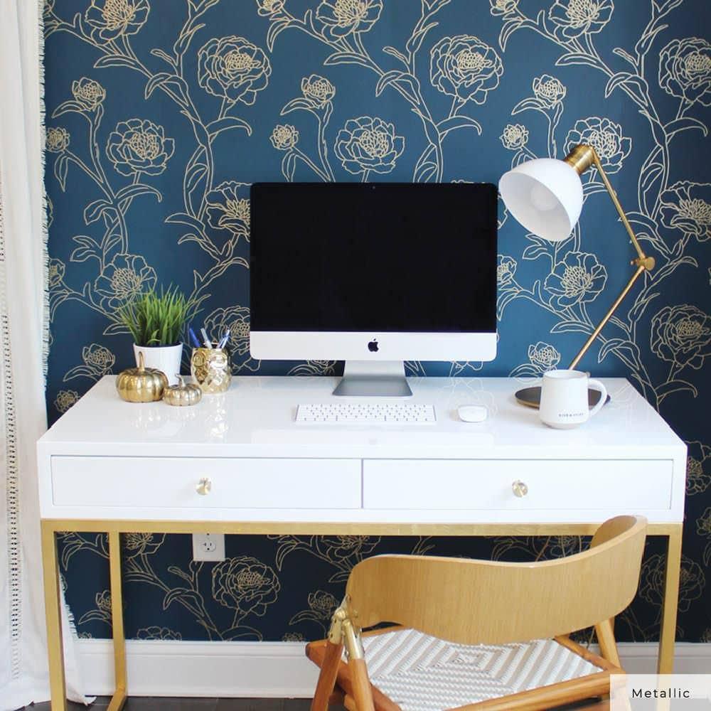 Tempaper & Co.® Peonies Removable Peel and Stick Wallpaper, Peacock Blue and Metallic Gold Floral, 28 sq. ft.: Vinyl Self-Adhesive