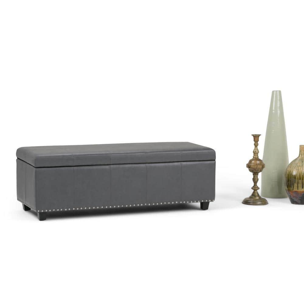 Simpli Home Kingsley 48"W Upholstered Storage Ottoman with Lift-Top Lid, Nailhead Trim, and Stitching Detail