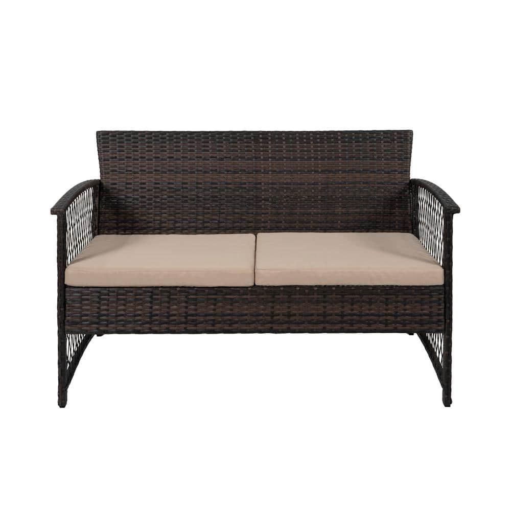 Westin Outdoor 4-Piece Rattan Wicker Patio Conversation Sofa Set with Cushions, Coffee/Beige