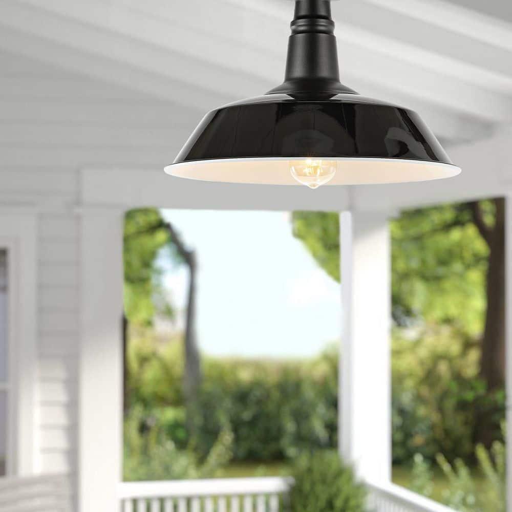 JONATHAN Y Camila 14" 1-Light Classic Industrial Indoor/Outdoor Iron LED Semi Flush Mount, Black/White, JYL7617B