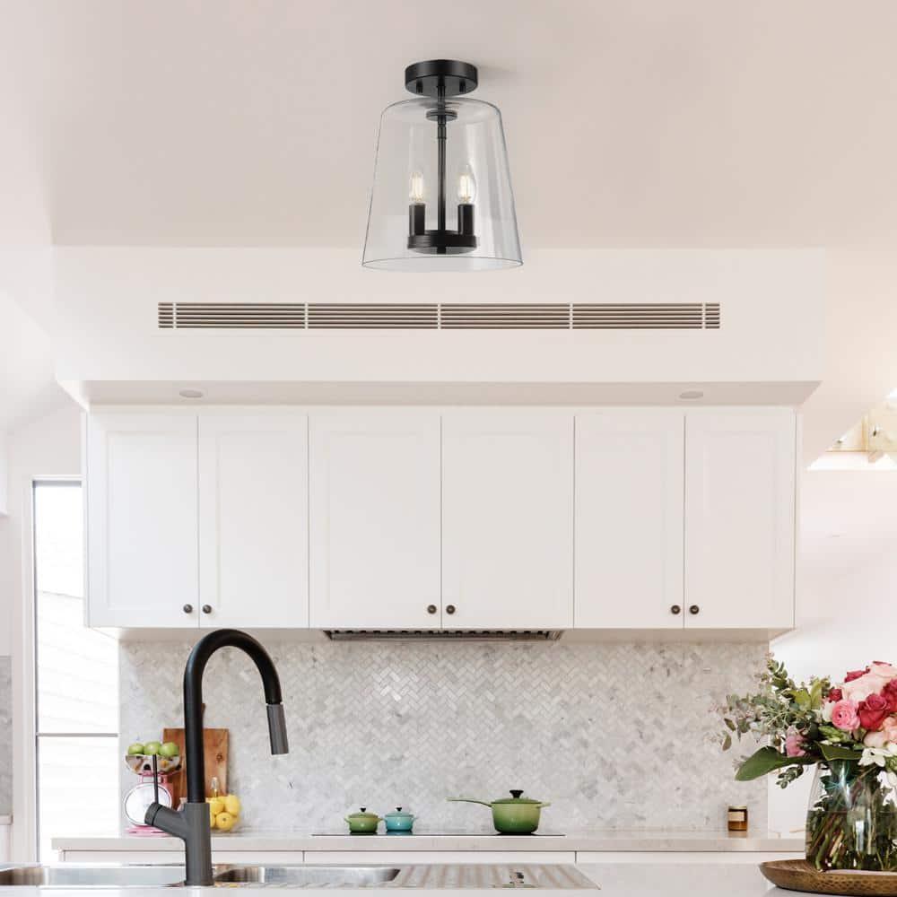 GLOBE Electric 66000083 2-Light Semi-Flush Mount Ceiling Light, Matte Black, Glass Shade, E12 Base Sockets, Ceiling Light Fixture, Home Improvement, Bedroom Lights for Ceiling, Dining Light Fixture