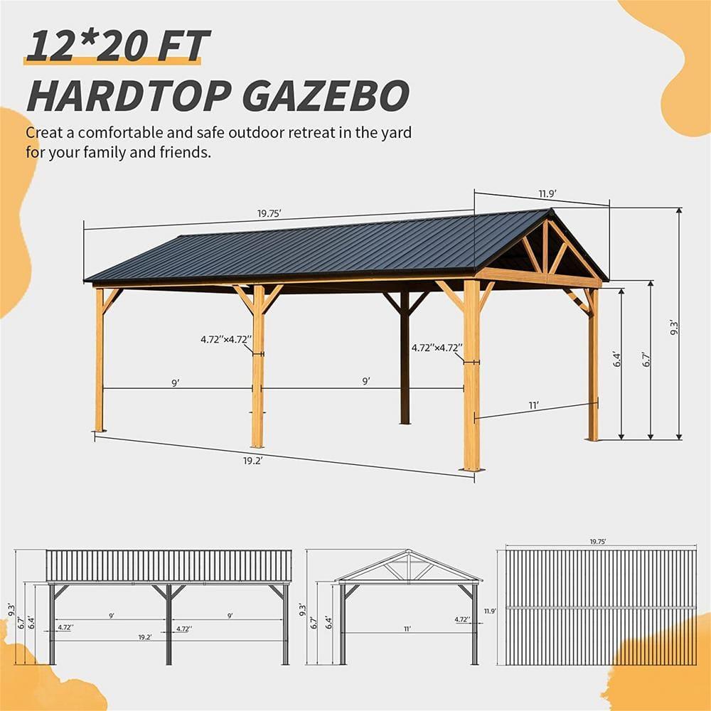 Swonuk 12' x 20' Hardtop Gazebo, Galvanized Steel Gable Roof Gazebo Pergola with Wood Grain Aluminum Frame, Outdoor Permanent Gazebo Pavilion for Patio Garden Lawn Backyard and Deck (Yellow Brown)