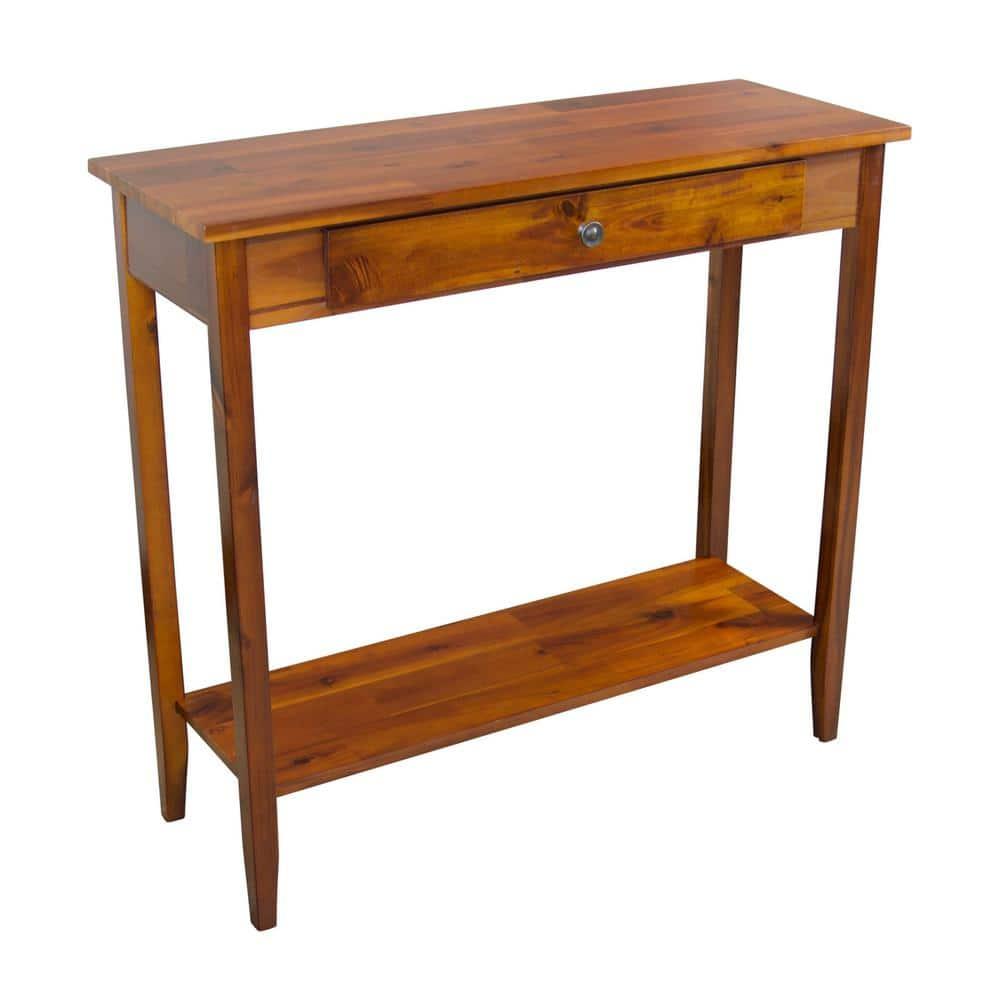 Casual Contemporary Living Solid Acacia Console Table with Drawer & Bottom Shelf- Mahogany