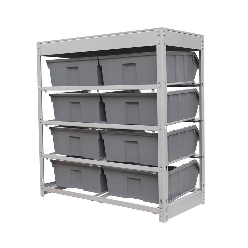 Bin Rack, Shelving Unit with Durable Construction for Easy Organization of Parts and Tools, Boltless Steel Storage System Organizer with 8 Plastic Bins in 4 tiers, Use in Store, Garage,Grey