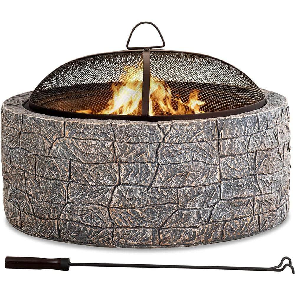 SUNJOY 26 Inch Stone Fire Pit, Patio Outdoor Round Wood Burning Fire Pits for Outside with Spark Screen and Poker, Stone Gray