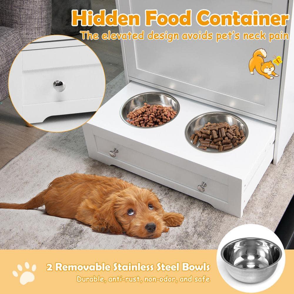 Kepooman Pet Feeder Station with Stainless Steel Bowl-White