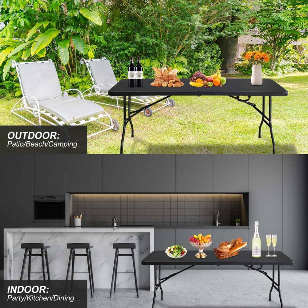 Plastic Folding Table 6ft Heavy Duty Portable Dining Table for Camping, Picnics, Parties, High Load Bearing Foldable Picnic Table,Black