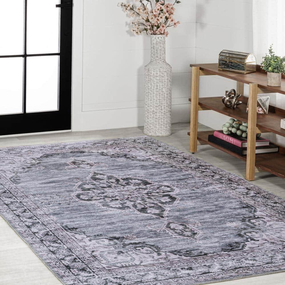 Wincer Chenille Cottage Medallion Machine-Washable Navy/Gray/Black 3 ft. x 5 ft. Area Rug - JONATHAN Y