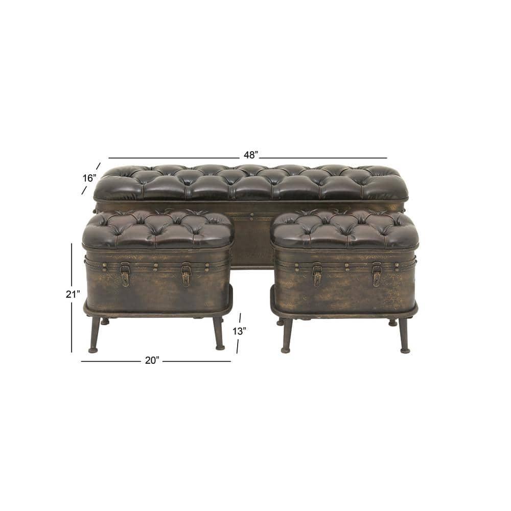 DecMode Metal Storage Bench with Tufted Faux Leather, Brown, Set of 3