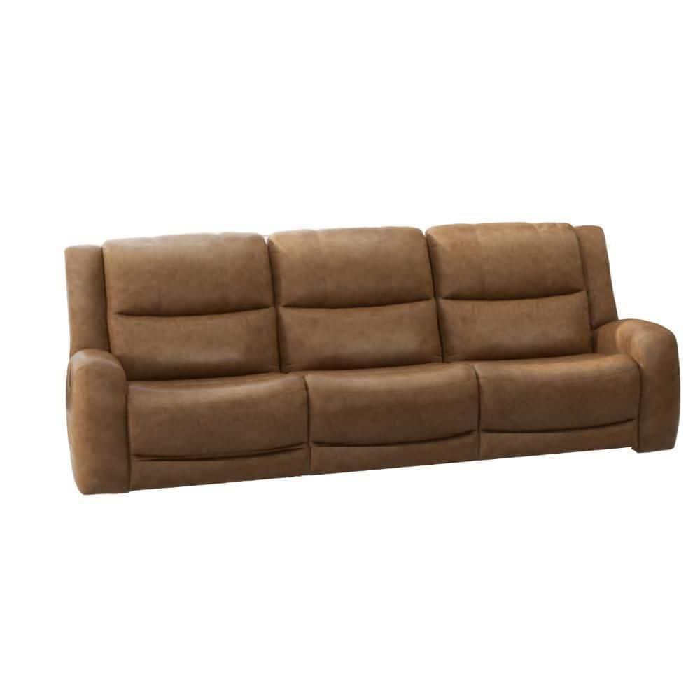 Benjara Leos Sofa, Manual Reclining, Contour Armrest, 88 Inch, Wood, Brown Leather