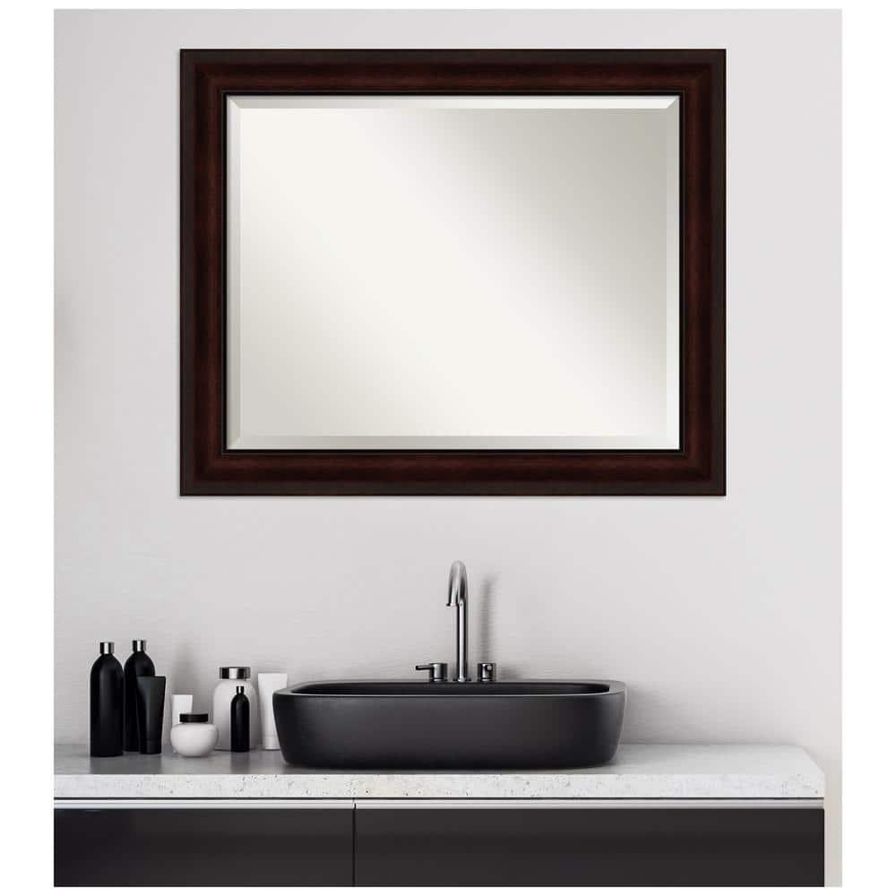 Amanti Art Beveled Bathroom Wall Mirror - Coffee Bean Brown Frame - Coffee Bean Brown Outer Size: 33 x 27 in