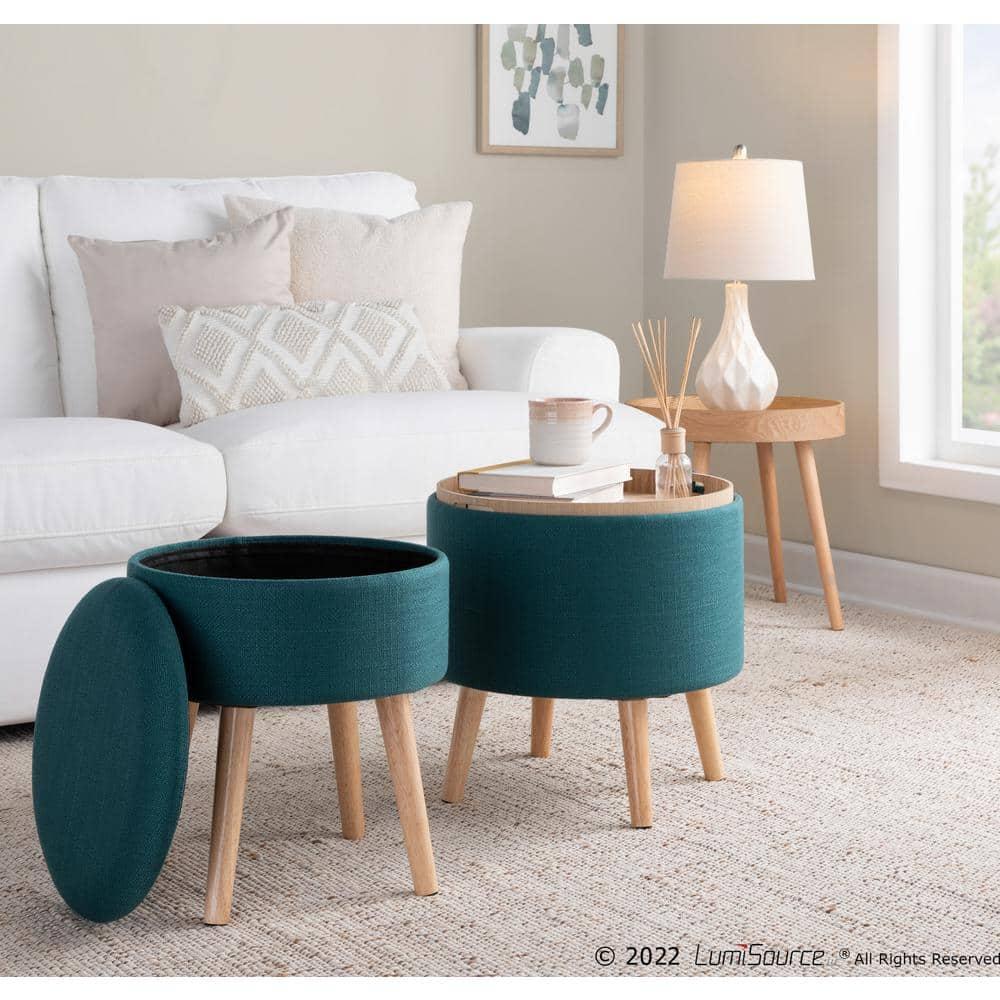 LumiSource Natural Wood, Teal Fabric Tray Storage Ottoman Set