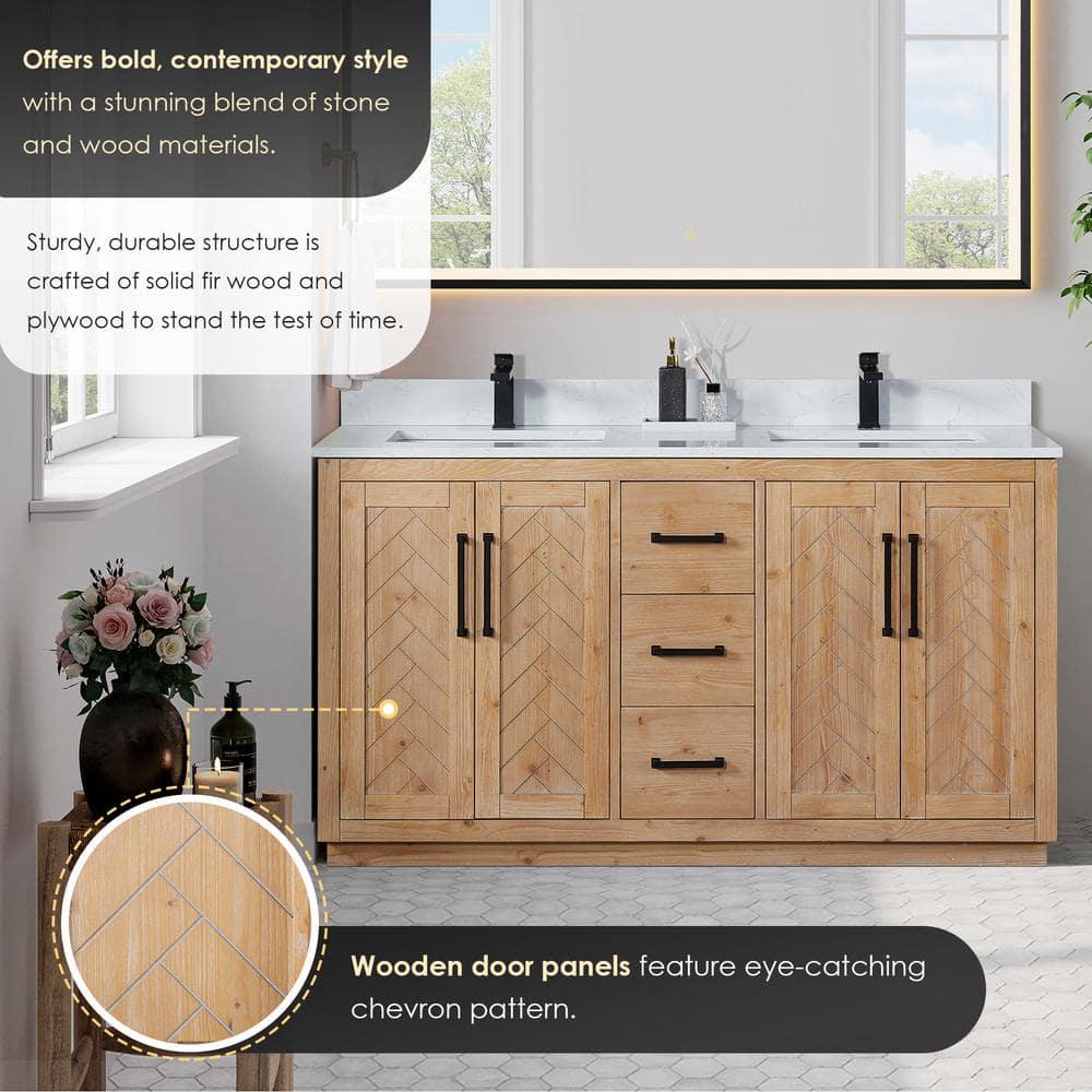 Anais 60" Wood Vanity in Light Brown with White Composite Stone Top no Mirror
