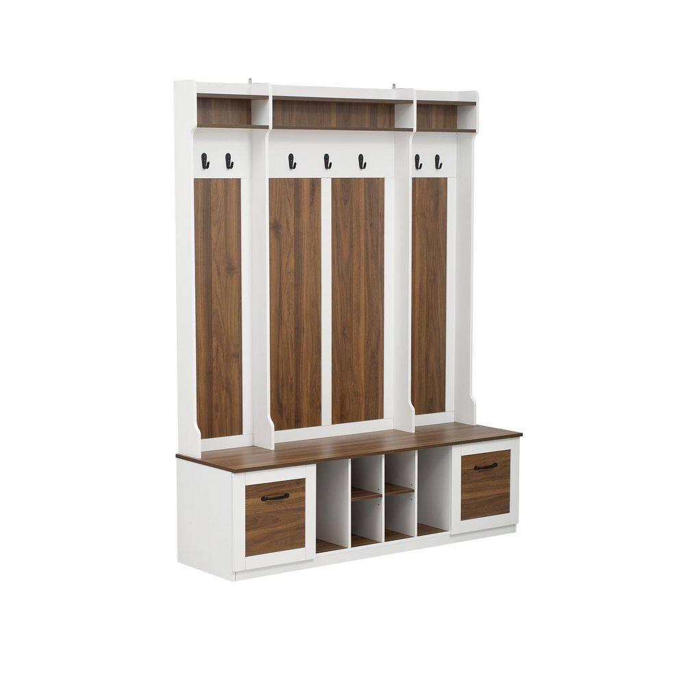 3 in 1 Hall Tree Coat Hanger Entryway Bench with 6 Hooks & Adjustable Shelves, Solid Wood Hallway Organizer with Storage Compartment for Hallway Living Room Mudroom, Brown