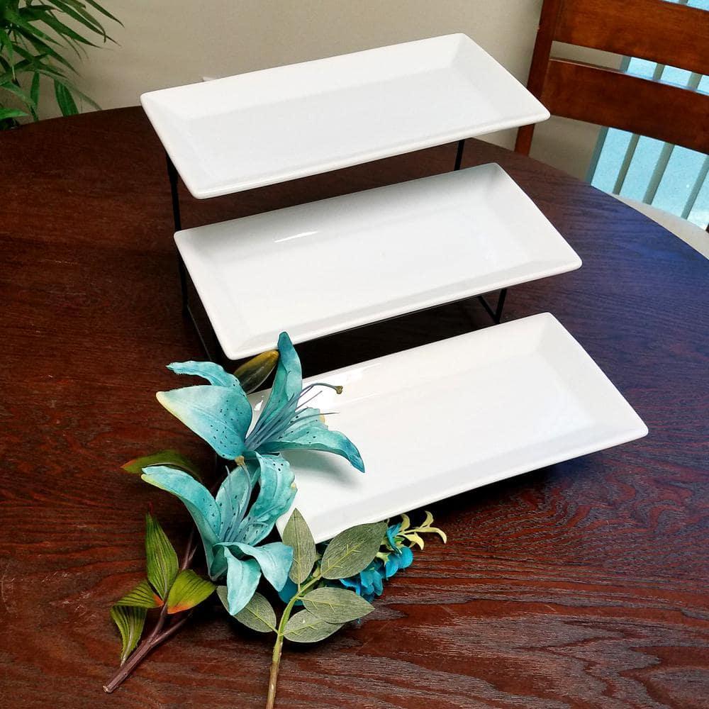 Gibson Elite Porcelain Gracious Serving Plate Set with Metal Stand: Tiered Cupcake & Serving Tray, Rectangle