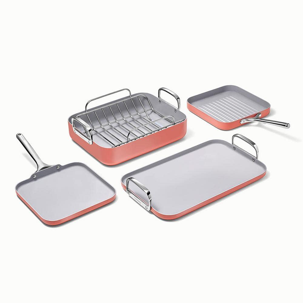 Caraway Home 7pc Square Cookware Set Perracotta: Nonstick Ceramic, Griddle Pans, Roasting Pan, Pot Lid Organizer