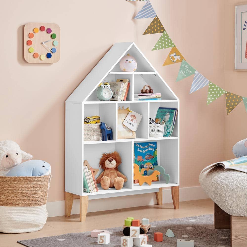 Steiner White Dollhouse 8-Compartment Kids Book or Toy Figure Display Unit Freestanding Bookshelf with Beech Legs