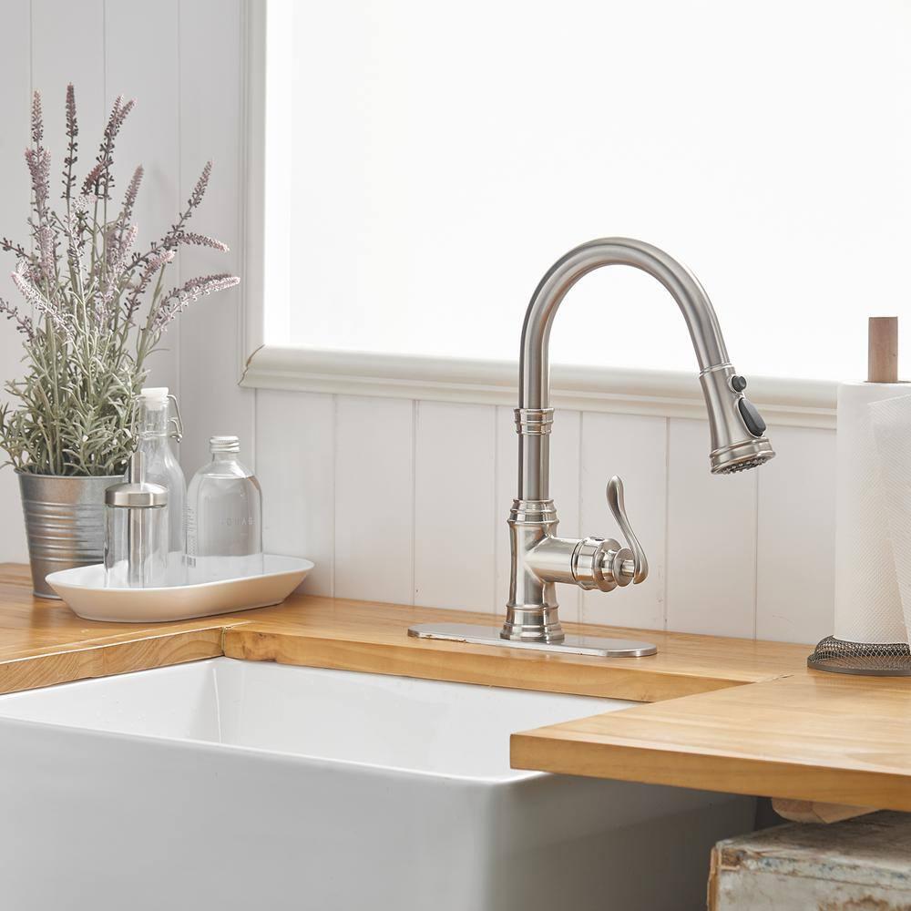 Kitchen Sink Faucet Brushed Nickel with Pull Down Sprayer 3 Mode Faucet for Kitchen Sink Single Handle High Arc Commercial Stainless Steel Pull Out RV Kitchen Faucet Bar,Deck Plate Include