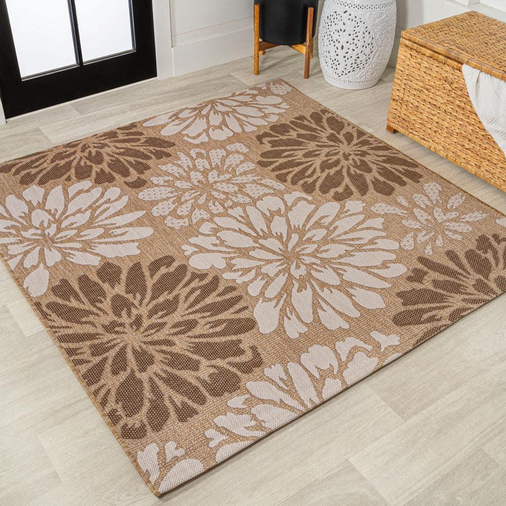 5' x 5' Zinnia Modern Floral Textured Weave Indoor/Outdoor Area Rug, Brown/Cream - JONATHAN Y