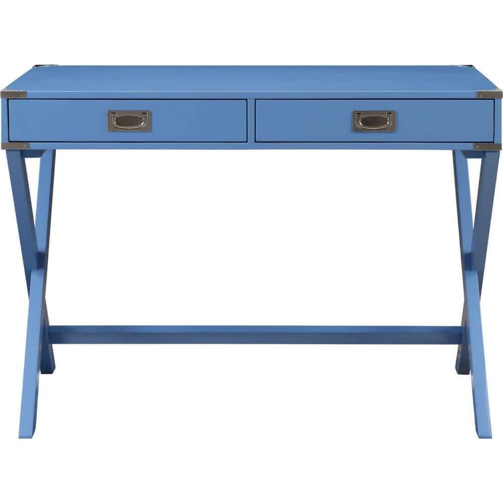 Furniture Modern Blue Writing Desk (24D x 42W x 30H, X-Shaped Base) - 2 Drawers