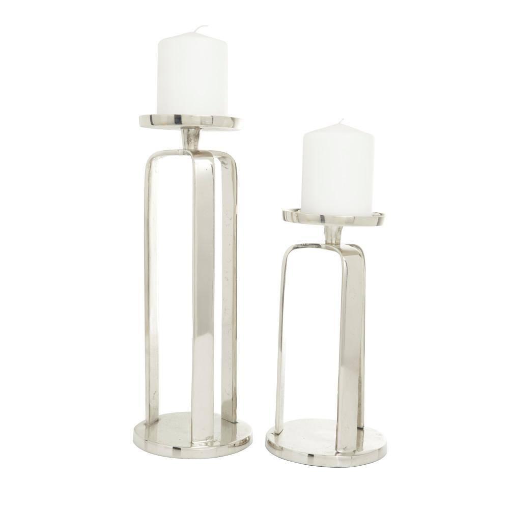 Contemporary Silver Aluminum Geometric Pillar Candle Holder Set