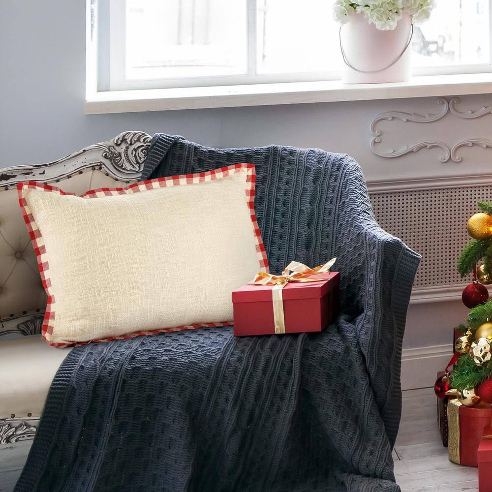Buffalo Ivory / Red 16 in. x 24 in. Plaid Bordered Lumbar Indoor Throw Pillow