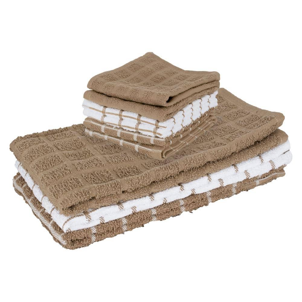John Ritzenthaler Co. Ritz 3-Pack Terry Check Kitchen Towel Set and 6-Pack Terry Check Dish Cloth Set, Mocha