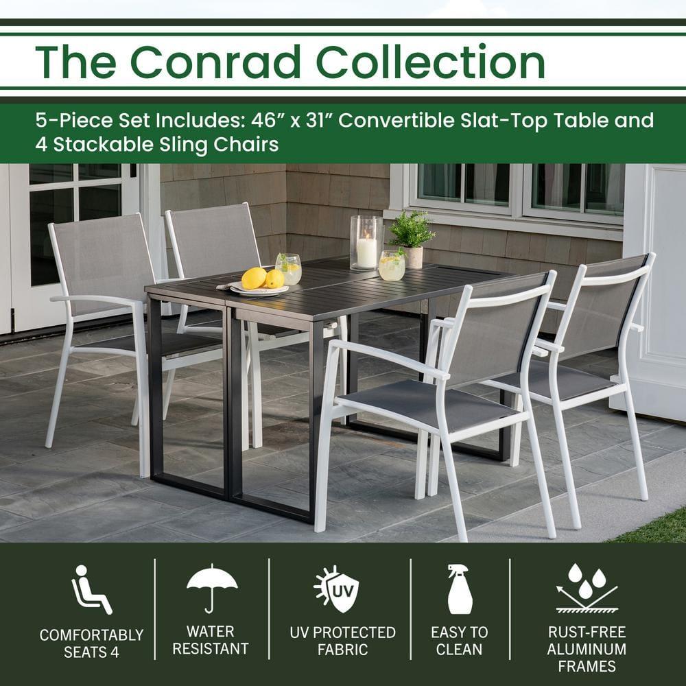 Hanover Conrad 5-Piece Compact Outdoor Dining Set | 4 Stackable Sling Chairs | Slat-Top Convertible Folding Table | Modern Design | Durable Aluminum Frame | White/Gray | CONDN5PC-WHT
