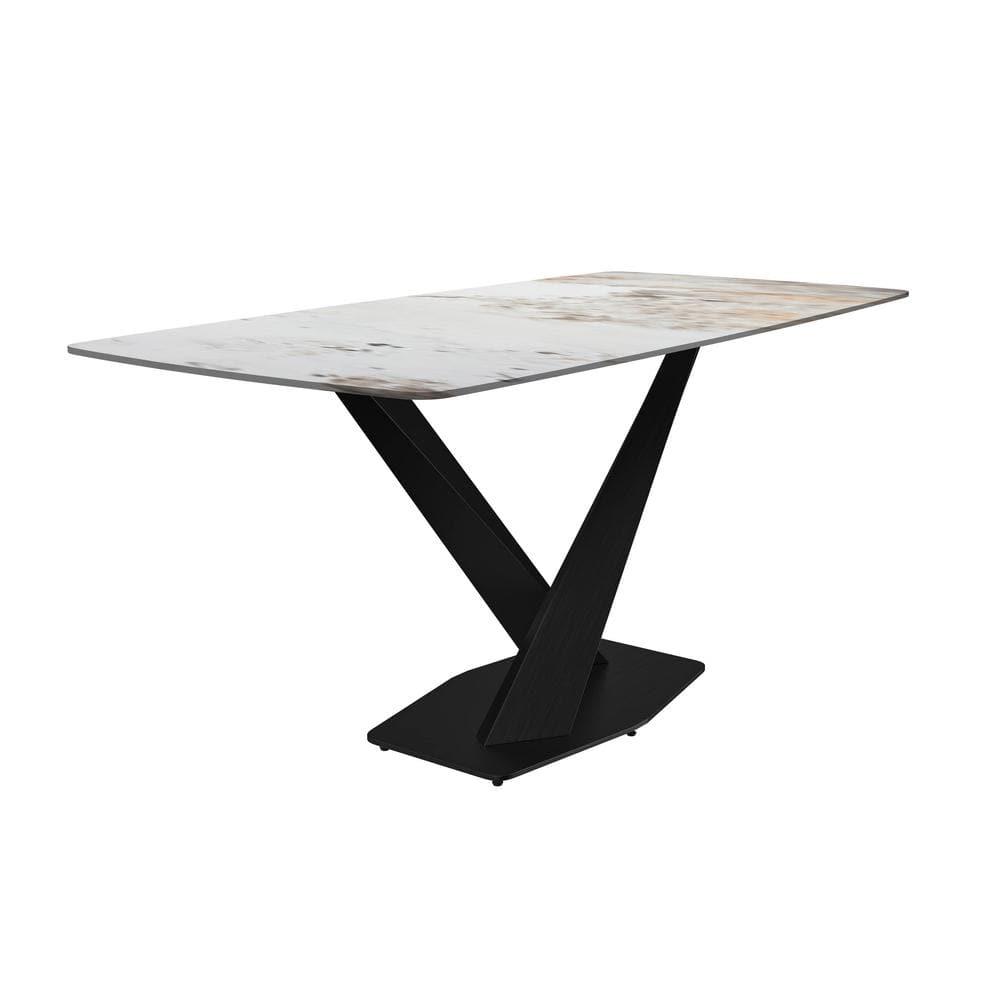 LeisureMod Voren Modern Dining Table with 62" Rectangular Sintered Stone or Glass Wide Tabletop and Black Steel Legs for Home, Kitchen, Dining or Conference Room in White Grey