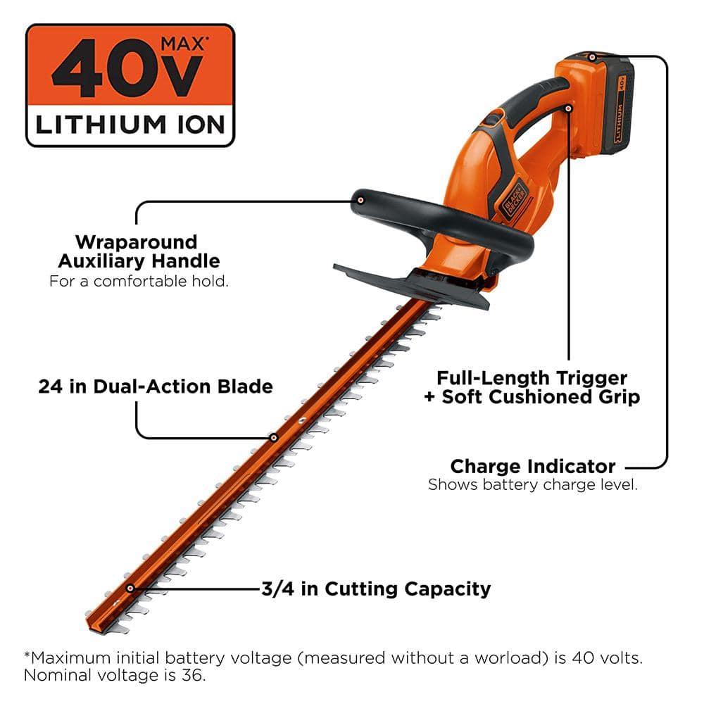 Black + Decker LHT2436 40V MAX Lithium-Ion Dual Action 24 in. Cordless Hedge Trimmer Kit