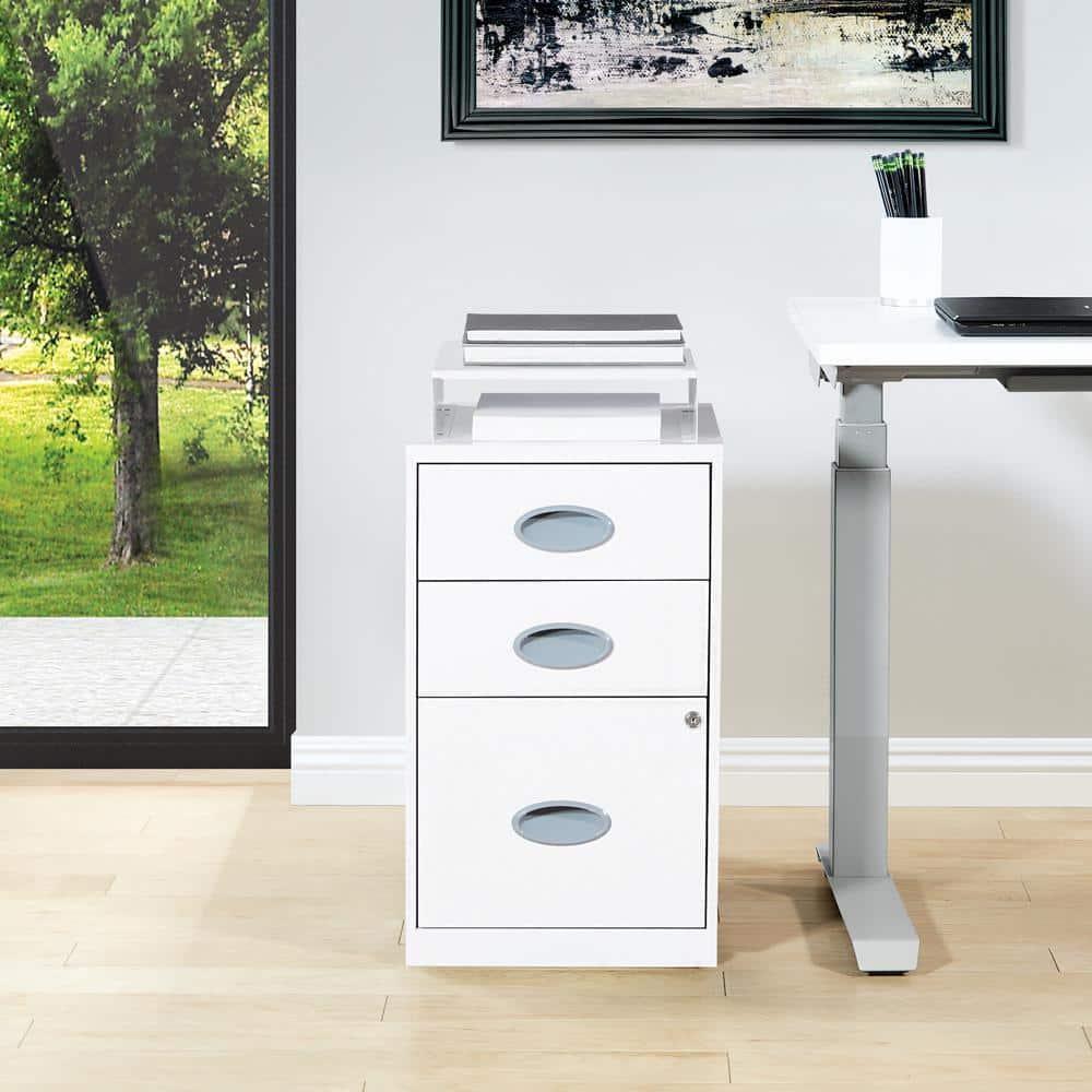 3 Drawer Locking Metal File Cabinet w/ Top Shelf in White