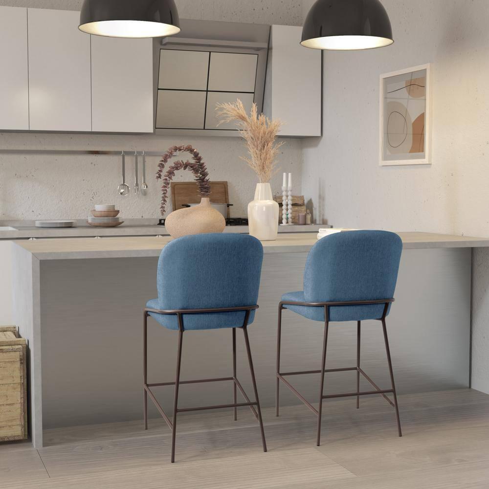 Blakeley Counter Height Barstool Blue - CorLiving: Upholstered, Metal Footrest, Polyester Fiber, Wood Frame