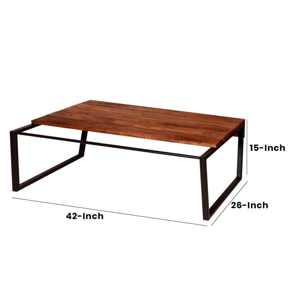 The Urban Port 41.7 Inch Rectangular Coffee Table with Plank Style Top, Metal Frame, Brown and Black