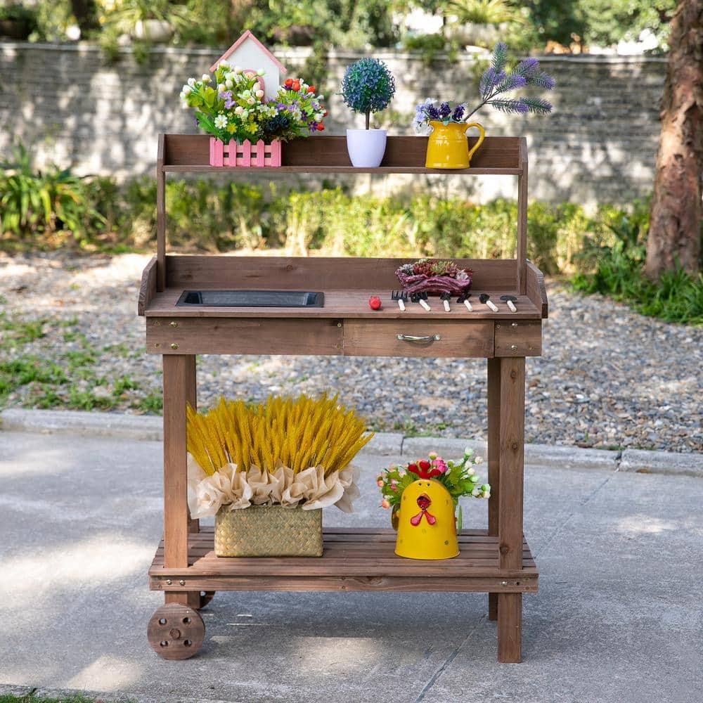 Outsunny 36'' Wooden Potting Bench Work Table with 2 Removable Wheels, Sink, Drawer & Large Storage Spaces, Brown